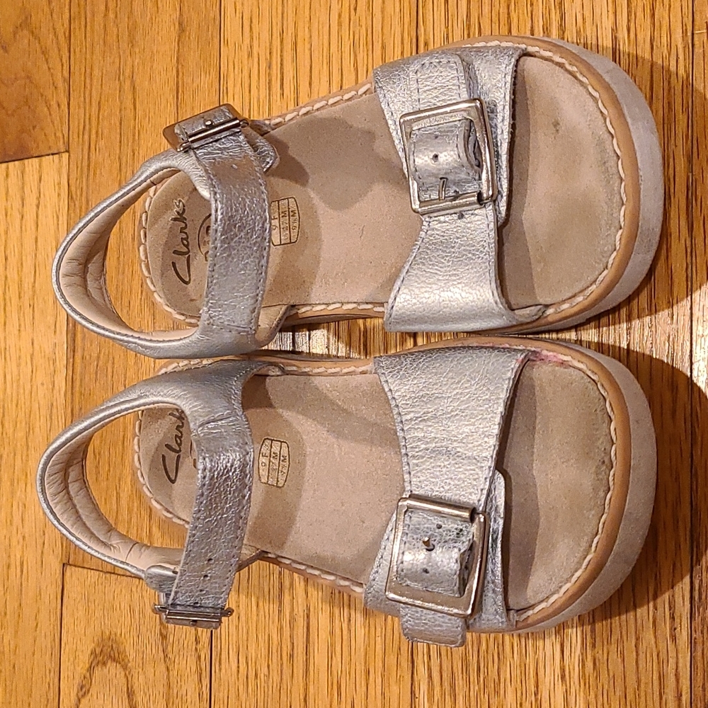 Clarks silver leather sandals, size 9.5